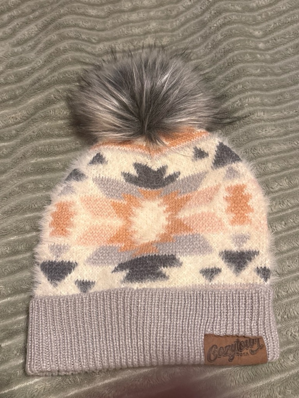Idyllwind Pom Pom Beanie Hat - Cream, Gray & Orange